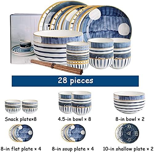 Porcelain Dinnerware Set, 28 Pieces Japanese Style Ceramics Dinner Sets | Plate/Bowl - Tableware Combination Set for Restaurant, Blue