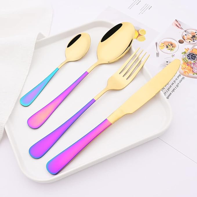 Shiny Gold Silverware Set with Rainbow Handle - 4 Pcs Flatware Cutlery Set for 1 - Spoon Fork Knife Teaspoon Utensils Tableware Set for Travel Camping - Mirror Polished & Dishwasher Safe