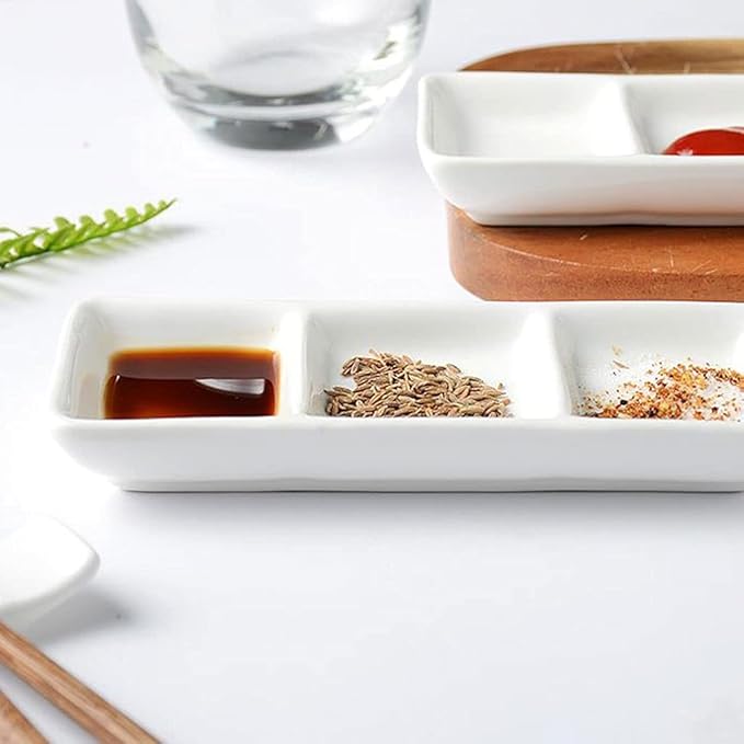 Dipping Sauce Dish Dipping Bowl Appetizer Plates Sauce Dish White Ceramic 3 Compartment Divided Soy Sauce Dishes Dipping Plates for Spice Dish Soy Sauce Vinegar Sushi Ketchup or Appetizer(2 Pack) Dipp