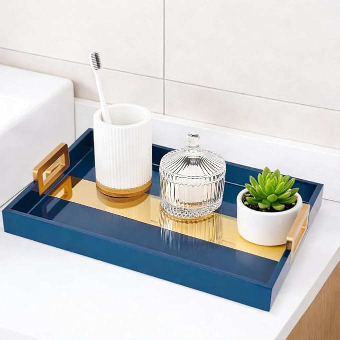 Navy Blue Coffee Table Tray, Decorative Serving Tray, Rustic Wood - Coffee Table Decor with Gold Handles, Rectangle for Home Decor