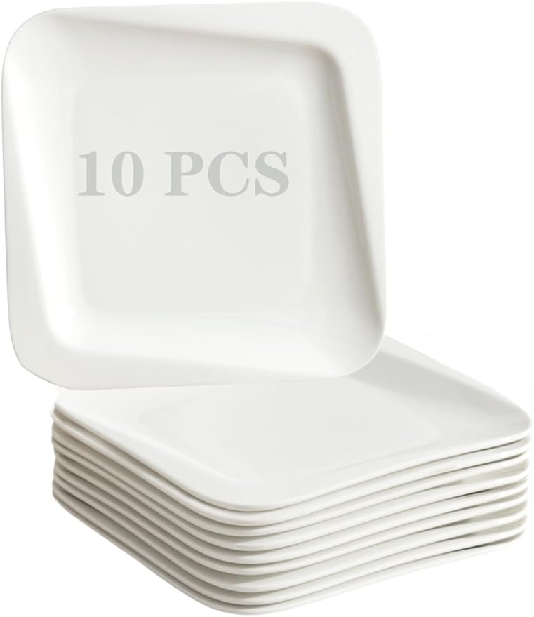 TAMAYKIM 7.3 Inch Porcelain Dessert Plates 10 Pieces, Appetizer Plates, Square Salad Dinnerware Sets, Scratch Resistant, Microwave, Oven and Dishwasher Safe, White