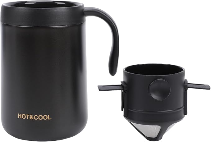 Irishom Portable Coffee Maker Stainless Steel Vacuum Insulated Travel Coffee Dripper Set Double Mesh Filter Foldable Design for Camping Office Backpacking (Black)