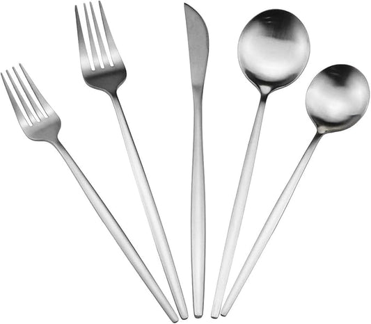 Matte Silver Silverware Set, Uniturcky Satin Finish 20-Piece 18/10 Stainless Steel Flatware Set Knife Fork Spoon, Tableware Cutlery Sets Service For 4,Utensils For Kitchens Camping And Party