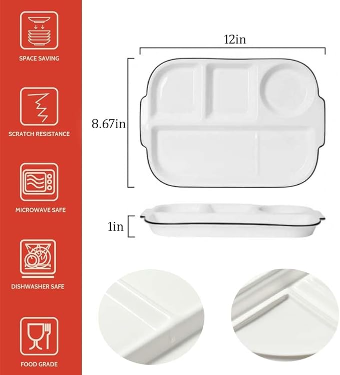 12inch Ceramic Divided Plate,4 Compartment Portion Control Plate,Reusable Bariatric Plate for Adults,White Dinner Plates for Daily Use,Dessert Plates for Balanced Meal