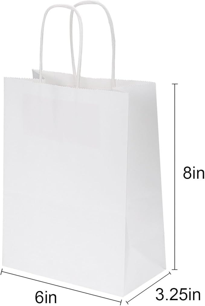 Joybe 50 Pack 6x3.25x8 Inch Small White Paper Bags with Handles Bulk, Kraft Paper Gift Bags for Birthday Party Favors Grocery Retail Shopping Business Goody Merchandise Craft Blank Sacks (50pcs)
