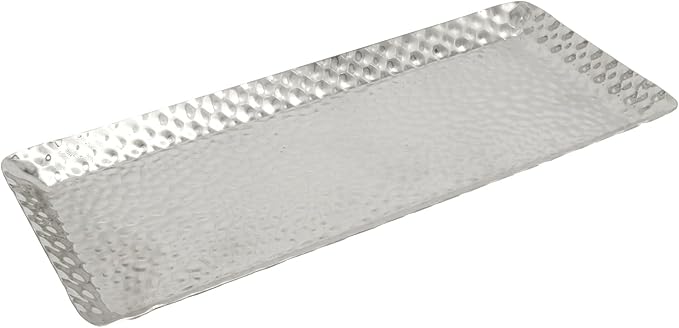 Silver Hammered Rectangular Platter Serving Trays, Decorative Stainless Steel Reusable Dessert Plates for Living Room Kitchen/Hosts(9.8 x 4.3 Inch, 1 Pack)