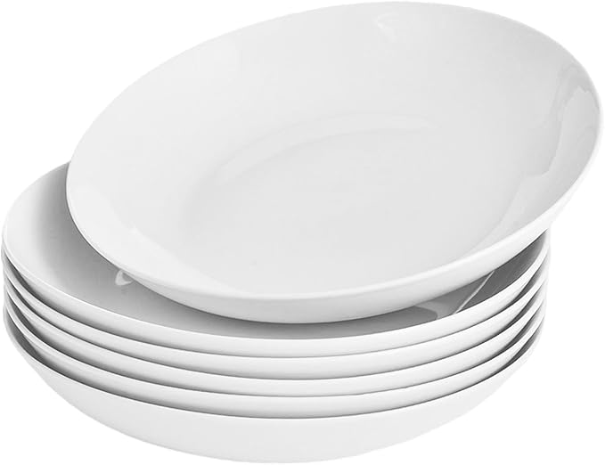 Miicol White Pasta Bowls 28 oz, Ceramic Salad Bowls Set of 6, Wide and Shallow Serving Bowl 8.25 inch, Large Pasta Plates, Serving Dish for Soup, Dinner, Microwave and Dishwasher Safe