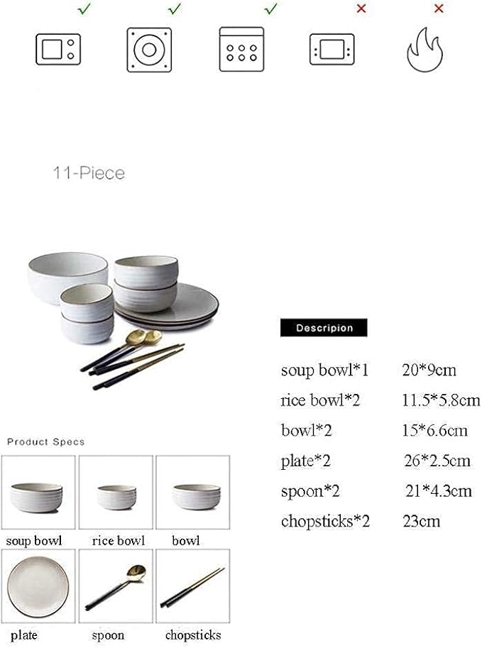 Elegant Dinner Plates,Dishes Plate Bowl Set,11 Pieces White Round Porcelain Tableware Ceramic Dinner Set for 2-3 People