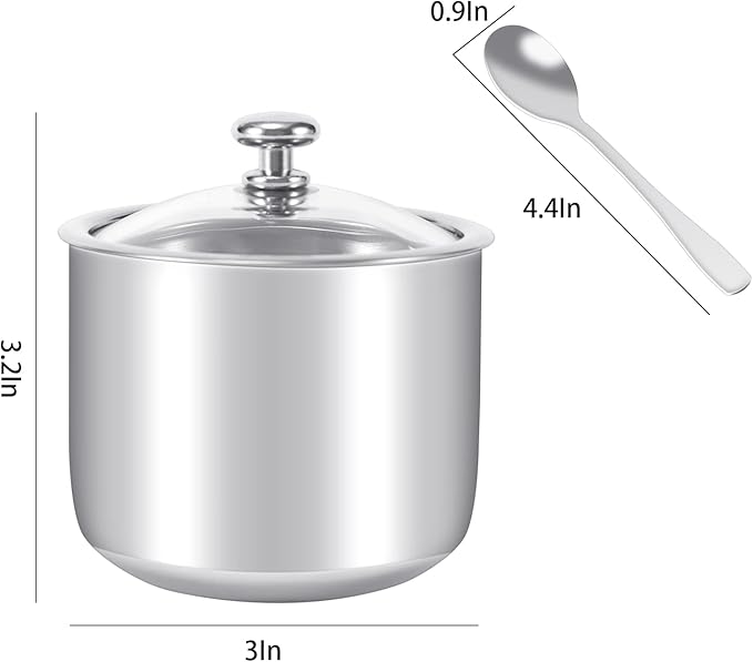 Stainless Steel Sugar Bowl with Clear Lid(for better recognition) and Spoon, Polished Shiny Condiment Pots for Serving Sugar Pepper Salt Spice- 10 Ounces/300 Milliliter…