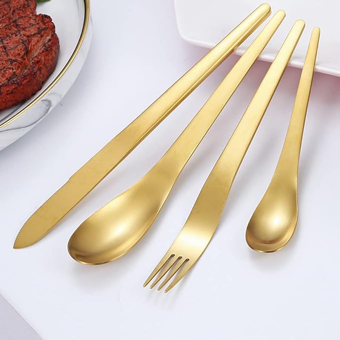 4 Pack Cutlery Set Stainless Steel Flatware Silverware Set Knife Fork Spoon Mixed Cutlery Set, Dishwasher Safe for Home Restaurant Hotel Gift (Gold)