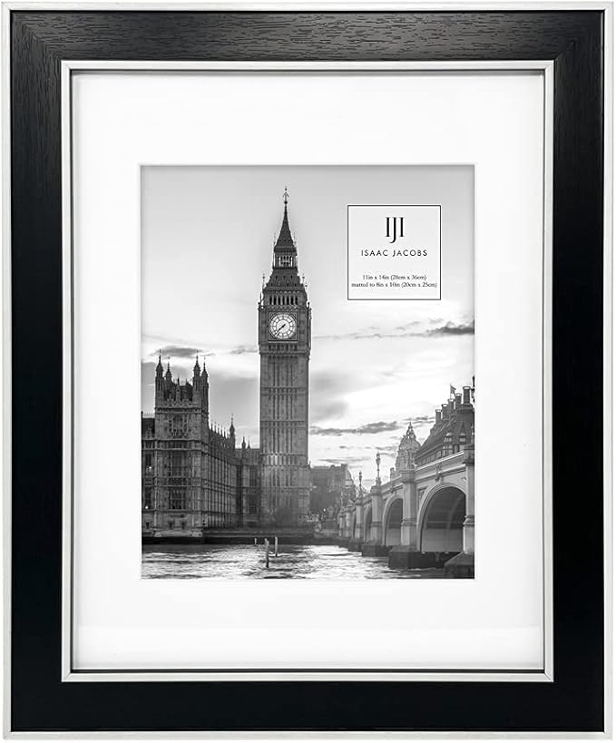 Isaac Jacobs 11x14 (Matted 8x10) Black w/White (Vertical & Horizontal) Double Border Picture Frame, Wall-Mountable, Made for Photo Gallery and Wall Art, Home or Office (11x14, Black W/White)