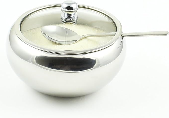 Zoie + Chloe Stainless Steel Sugar Bowl with Glass Lid - Bonus Spoon - 2 Cup Capacity (500ml)