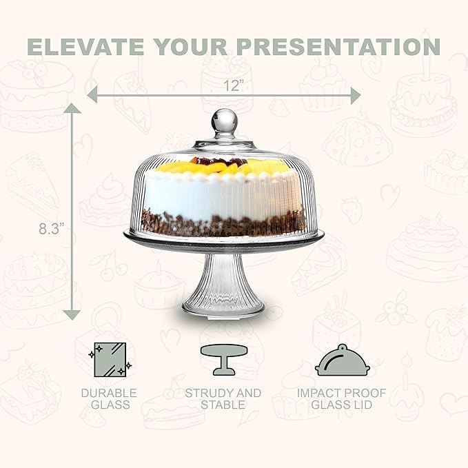 Vintage-Style Glass Cake Stand with Dome Lid – Crystal Dessert Display Stand for Cakes, Cupcakes, Pastries & Fruits – Elegant Glass Cake Holder with Cover, Timeless Table Décor