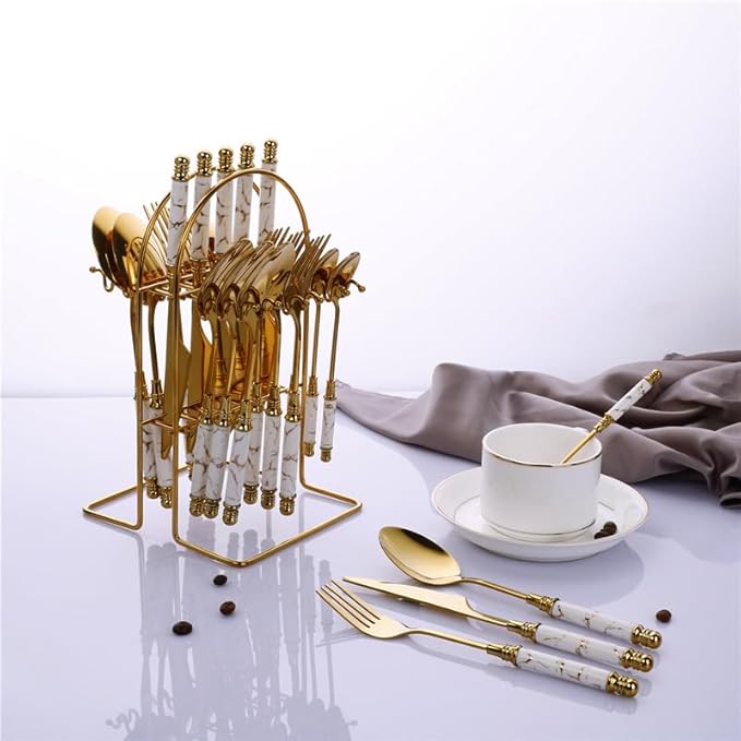 Stainless Steel Flatware serving set,Home Kitchen Eating Tableware Set,Dishwasher Safe,For Home Kitchen Restaurant Hote 24-piece Stainless Steel Cutlery With Ceramic Handles, Marble Crack Emerald Knif