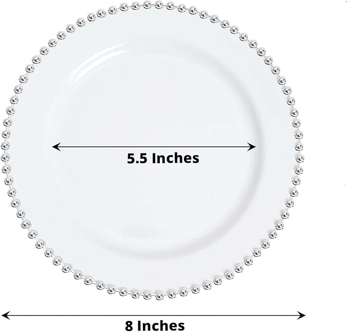 Efavormart 10 Pack | 8" White/Silver Beaded Rim Plastic Dinner Plates, Disposable Round Party Plates