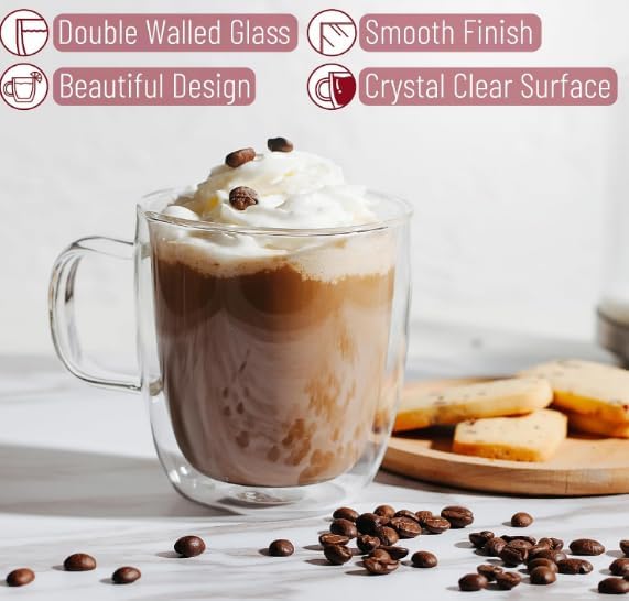 BTaT- Espresso Cups, Espresso Coffee Cups, Set of 4 (5 oz, 150 ml), Glass Coffee Mugs, Double Wall Glass Cups, Cappuccino Cups, Latte Cups, Latte Mug, Clear Coffee Cup, Espresso Glass, Glass Tea Cups