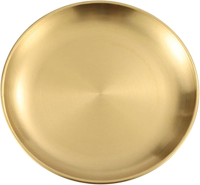 Stainless Steel Food Trays, Round Flat Dish Bread Pastry Baking Pan, Tea and Bar Serving Tray Party Cake Dessert Plate, Gold,L(26x20x2cm)