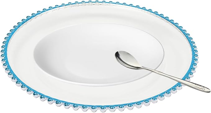 25 Pack Blue Charger Plates – Elegant Round Decorative Plates with Beaded Edge – Clear & Gold Hot-Stamped PS Platters for Weddings, Parties, Banquets – Stackable, Reusable