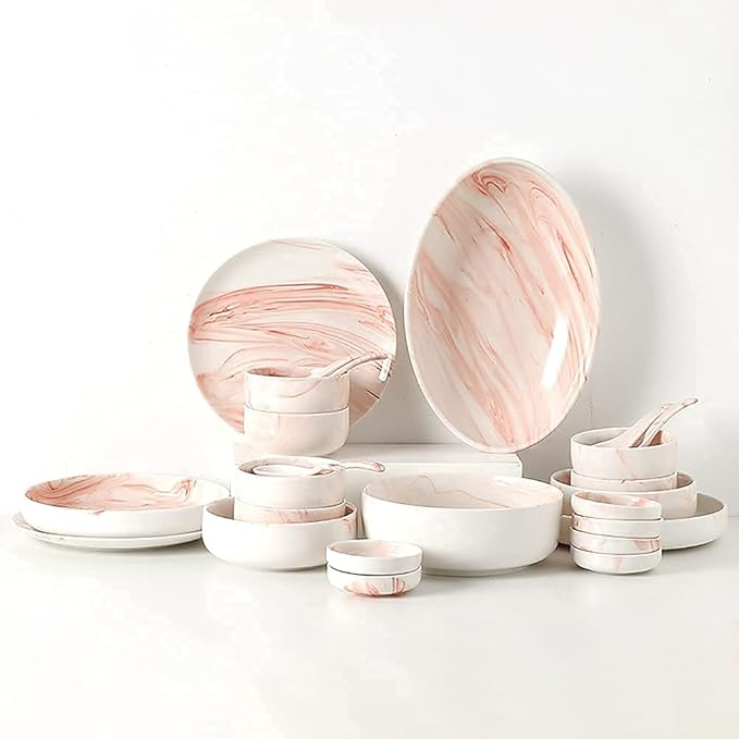 Kitchen Tableware Set,Ceramics Dinnerware Set, Pink Marbling Chip Resistant Dinner Set/Porcelain Combination Tableware-Plates and Bowls Set for Indoor Outdoor Party