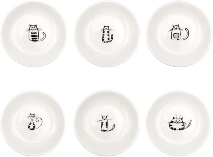 Cute Cat Ceramic Kitten Plates, 4 Inch Cat Bowls, Appetizer & Dessert Sauce Dishes, Small Seasoning & Serving Dish Set of 6