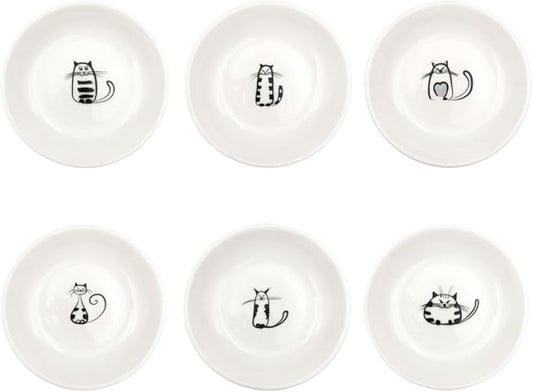 Cute Cat Ceramic Kitten Plates, 4 Inch Cat Bowls, Appetizer & Dessert Sauce Dishes, Small Seasoning & Serving Dish Set of 6