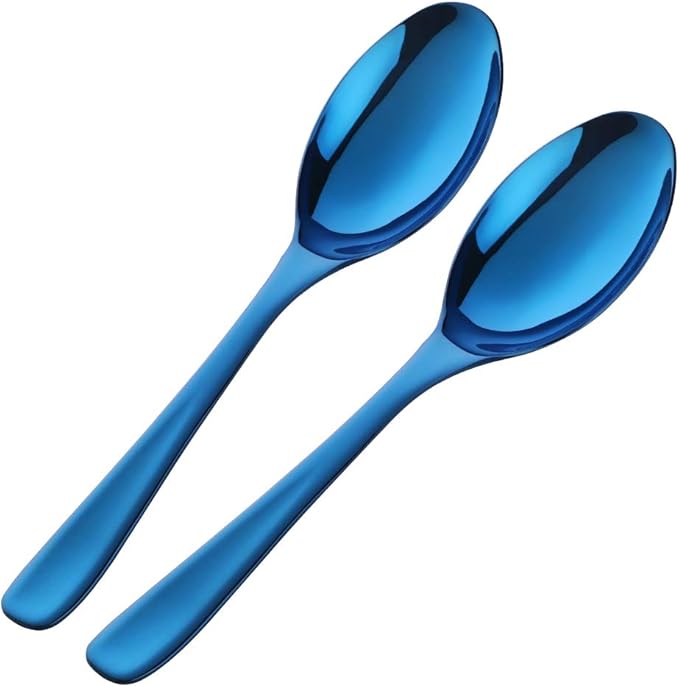 Buffet Serving Spoons, Stainless Steel 10 Inch Blue Plated Server Set of 2, Large Salad Serverware Utensils, Dishwasher Safe