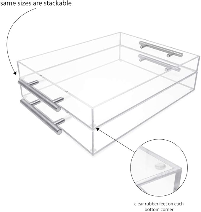Isaac Jacobs Clear Acrylic Serving Tray (11x14) with Silver Metal Handles, Spill-Proof, Stackable Organizer, Food & Drinks Server, Indoors/Outdoors, Lucite Storage (11x14, Clear with Silver Handle)