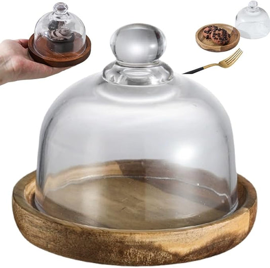 Charcuterie Snow Globes, Glass Cake Stand with Dome, Wood Cake Stands with Lid, Mini Clear Glass Display Candy Domes, Snow Globe Container for Cheese Snacks and Holiday Table Decor(Wood*1)