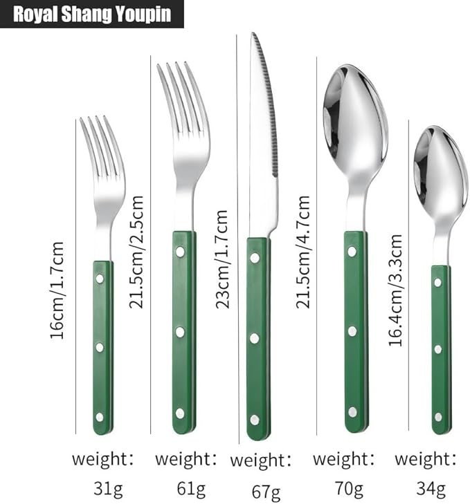 Rivet ABS Clamp Handle Kitchen Stainless Steel Silverware Tableware Flatware Cutlery Set Steak Knife Fork Spoon Teaspoon Western Tableware Butter Knife Set (Green,5 pieces)