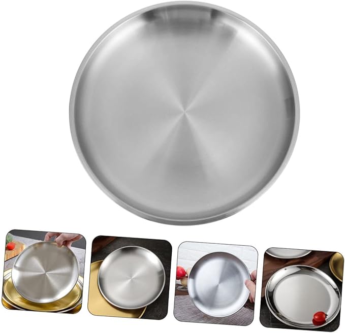 GLEAVI 1pc Thickened Round Plate Stainless Steel Serving Tray Fruit Tray Lid Non-Slip Design Modern Kitchen Accessory