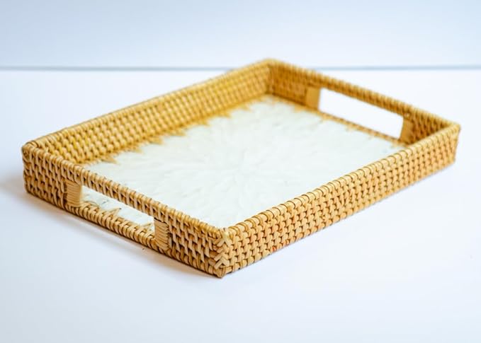 Magenta & Teal Decorative Rectangle Rattan Serving Tray 13x9 inch Mother of Pearl Inlay, Wicker Coffee Table Decor, Farmhouse (Silver White)