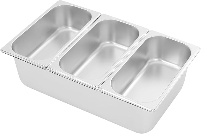 3 Pans Ice Food Serving Display Container, Stainless Steel Serving Tray Catering Supplies Buffet Display Condiment Dispenser Plate Case with Acrylic Replaceable Lids for Restaurant Hotel Kitchen