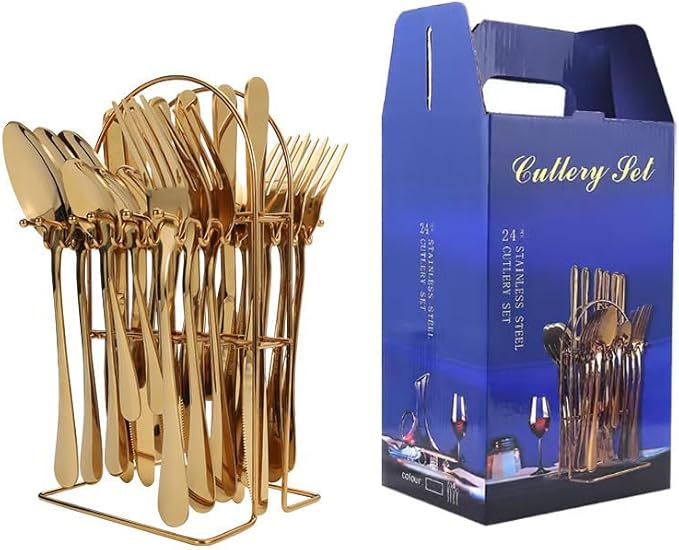 Stainless Steel Flatware Serving Set,Home Kitchen Eating Tableware Set,Dishwasher Safe,for Home Kitchen Restaurant Hote 24-Piece Stainless Steel Storage Rack Cutlery Set Hotel Cutlery Knife, Fork and
