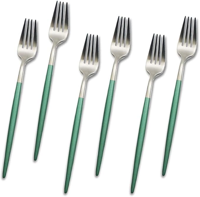 JASHII 6pcs Green&Silver Dessert Forks Set, Satin Finished Salad Forks Set, 304 Stainless Steel Small Fork, Round Handle Modern Design, Dishwasher Safe - 7.08-inch