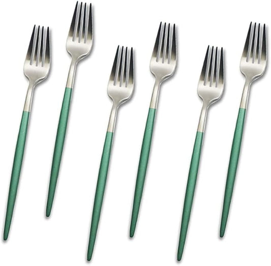 JASHII 6pcs Green&Silver Dessert Forks Set, Satin Finished Salad Forks Set, 304 Stainless Steel Small Fork, Round Handle Modern Design, Dishwasher Safe - 7.08-inch