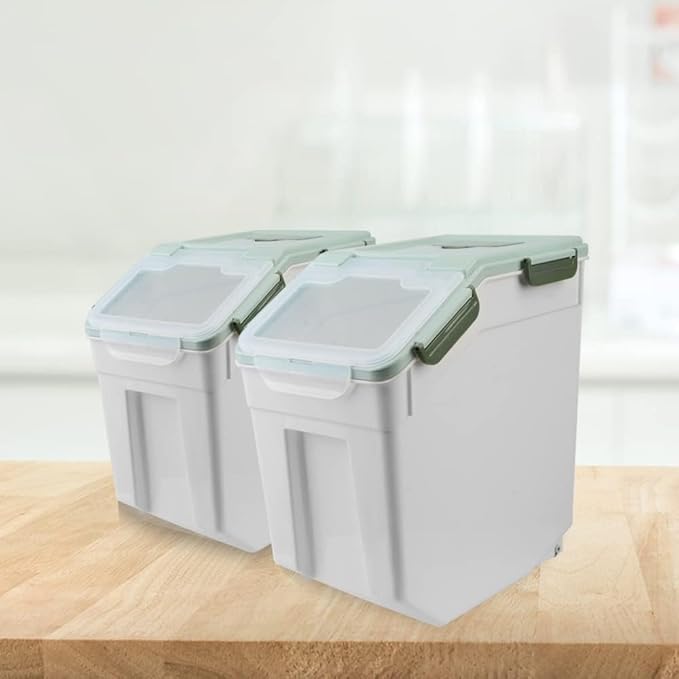 AnRui Large Flour Storage Containers 25Lbs Airtight Rice Storage Container BPA Free Kitchen Pantry Food Storage Bin Sugar Snack Cereal Grain Organizer Box with Wheel, Measuring Cup, 4Pack Green