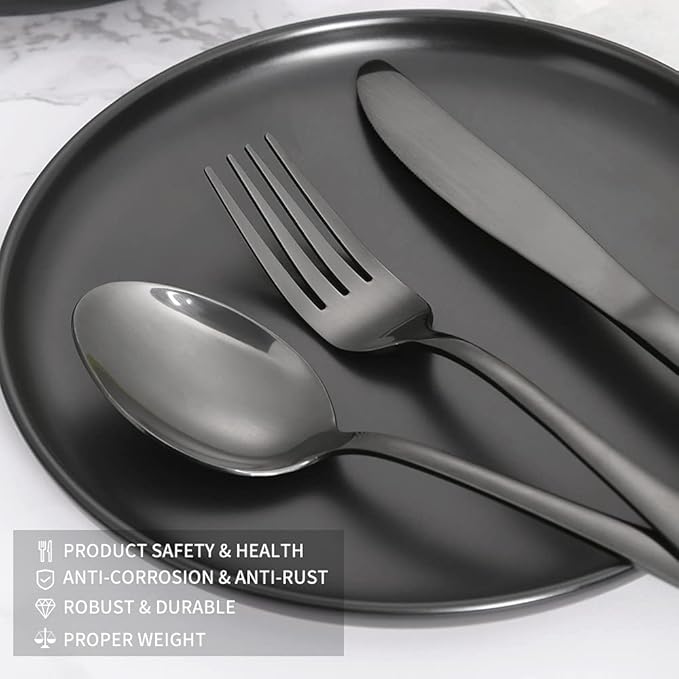 Black Silverware Set 40 Piece for 8, Stainless Steel Flatware Cutlery Set with Forks and Spoons, Kitchen Utensils Set, Dishwasher Safe