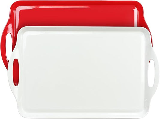 Extra Large Red/White Valentine Serving Tray with Handles, 19''x11.6'' Melamine Platters, Rectangular Trays for Serving Food, Turkey, Cookie, Cupcakes, Desserts, Dishwasher Safe, BPA-Free, Set of 2