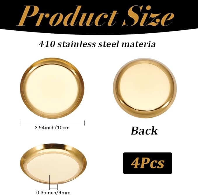4 Pack 3.9 Inch Round Gold Serving Platters Metal Soy Sauce Tray 410 Stainless Steel Small Seasoning Dish Plate Storage Tools for Kitchen Cooking Sushi Dipping Appetizer Plates Jewelry Holder