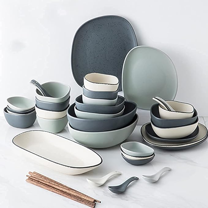 Dinnerware Sets, Nordic Style Irregular Porcelain Tableware Set with Plates Bowls and Dish, Ceramic Dinner Set for Home Kitchen and Dinning, Microwave Dishwashe