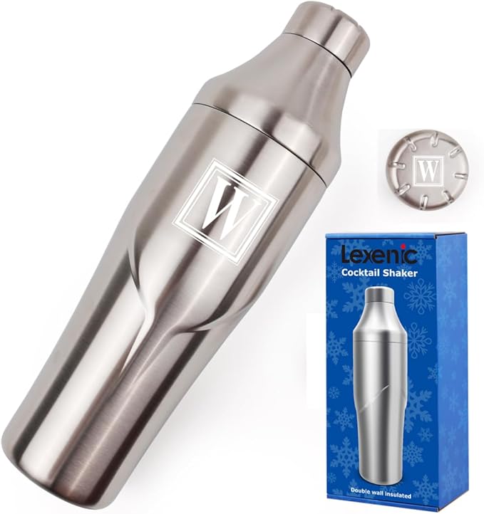 Lexenic 24oz Personalized Double Wall Cocktail Shaker - Monogramm Initials Martini Shaker-Insulated Keep Drinks Chilled -No Stuck Twist Lid,Built-in Strainer - Premium Stainless Steel Drink Shaker -W