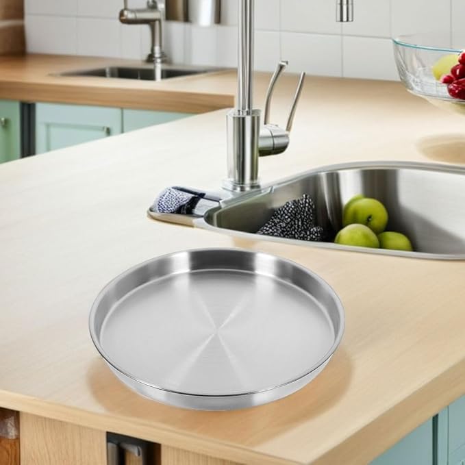 2PCS Stainless Steel Serving Tray Round Matte Dinner Plate for BBQ Camping Party Event Kitchen Restaurant Accessories - 26cm Silver