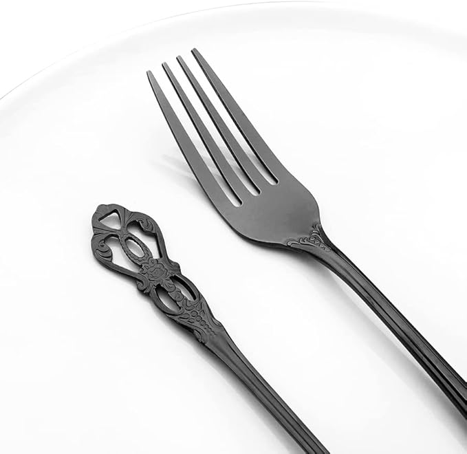 Elegant 32-Piece (4 Set) Retro Flatware Set, Stainless Steel Cutlery Set - Complete Eating Tableware Serving Set, Dishwasher Safe, Shiny Mirror Polish (Black)