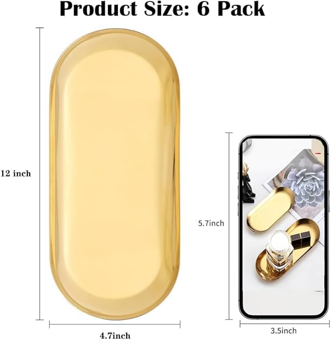 6 PCS 12" Long Stainless Steel Serving Tray Set Small Metal Trays Decorative Gold Platters for Serving Food Party Plate Oval Storage Trays Thickened Serving Dishes for Entertaining Sushi Snack