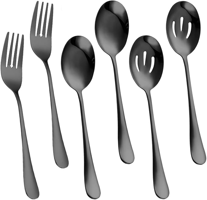 Silverware Sets, Includes 2 Serving Spoon,2 Slotted Serving Spoon, 2 Serving Fork, Stainless Steel Serving Spoons for Parties,Buffet Serving Utensils Set (Black)