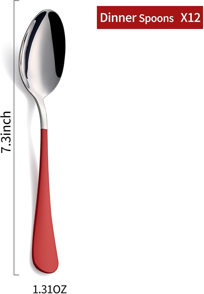 Red Dinne spoons Set 12 Piece,Red Handle Silverware 18/0 Stainless Steel Flatware Bulk,7.3-inch Dessert Spoons Sets Table Set of 12,Mirror Finished Dishwasher Safe
