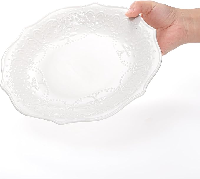 SOUJOY Set of 6 Porcelain Dinner Plate, 10'' Embossed Salad Plates, White Dessert Serving Plates for Steak Appetizer, Kitchen Plates for Restaurant, Family Party, Dishwasher Microwave Safe