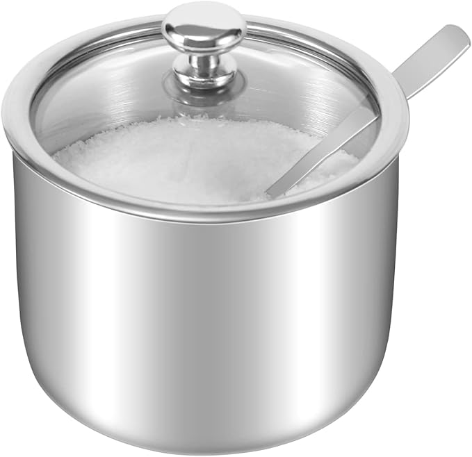 Stainless Steel Sugar Bowl with Clear Lid(for better recognition) and Spoon, Polished Shiny Condiment Pots for Serving Sugar Pepper Salt Spice- 10 Ounces/300 Milliliter…