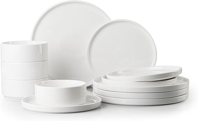 12 Pieces Plates and Bowls Sets,White Dish Set for 4,Premium Serving Dinnerware Sets, Chip and Scratch Resistant Dishware Sets Kitchen Dishes Dining Ware Set