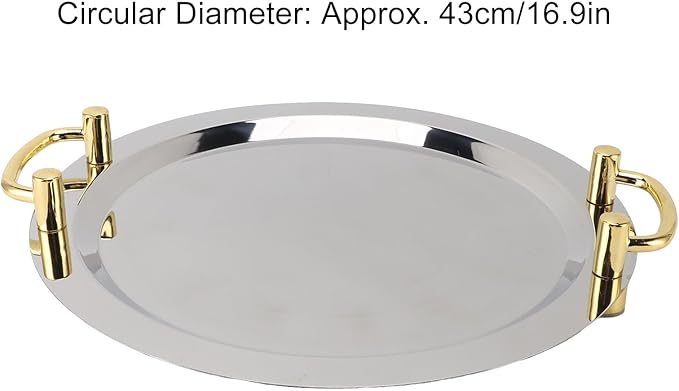 Stainless Steel Serving Plate, Elegant Mirror Finish Serving Tray Reusable Unbreakable Modern Kitchen Plates Golden with Handle for Hotel Restaurant Banquet (Round (Diameter 16.9in))
